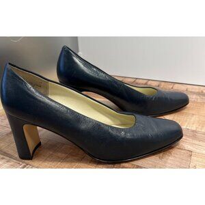 Navy Leather SRO Womens Classic Square-Toe Block Heel Pumps 8M